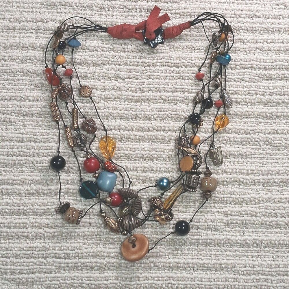 Boho Multi Strand Beaded Statement Necklace Leather Cord Toggle Glass Ceramic...
